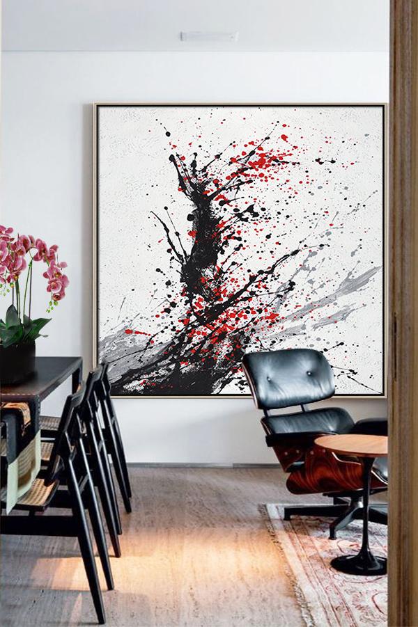 Original Abstract Painting Extra Large Canvas Art,Minimalist Drip Painting On Canvas, Black, White, Grey, Red - Modern Art Abstract Painting